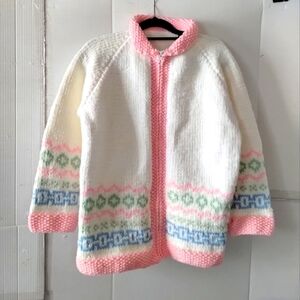Crochet White Pink Cardigan Sweater SZ Large Women's Cottagecore Indie Granola